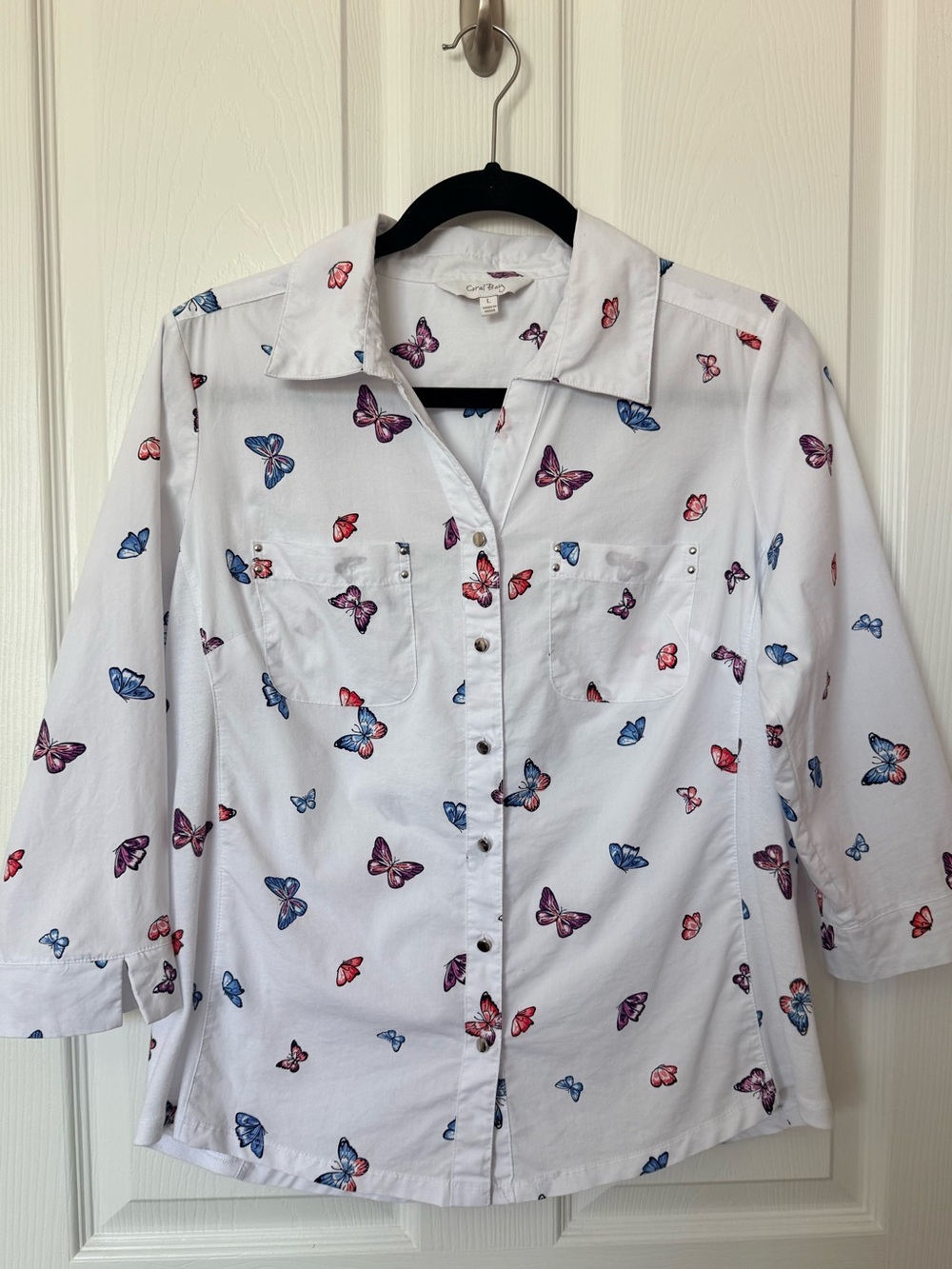 Coral Bay White Button-Down Shirt with Blue, Pink & Purple Butterflies